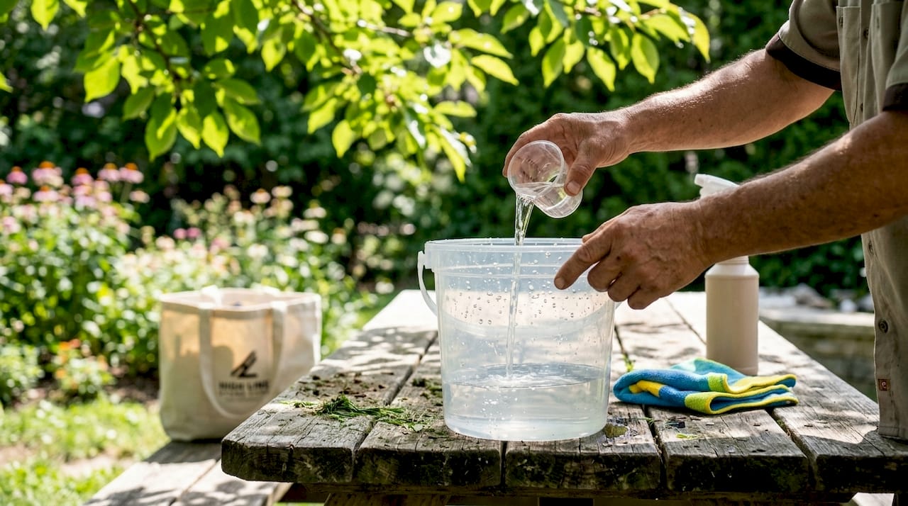 Hands mixing pH-neutral stone cleaner in bucket