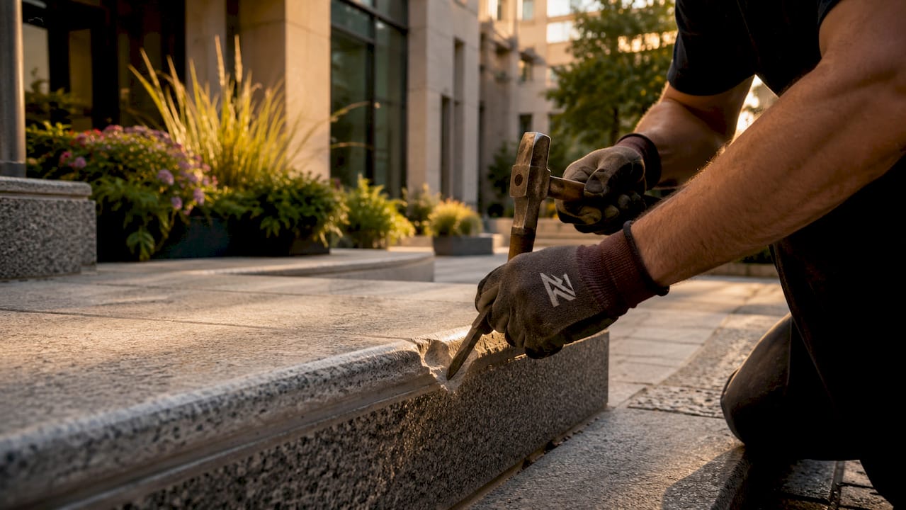 Hands repairing chip on granite outdoor steps
