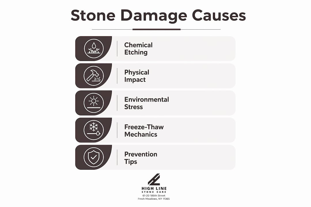 Infographic detailing main causes of stone damage in stages
