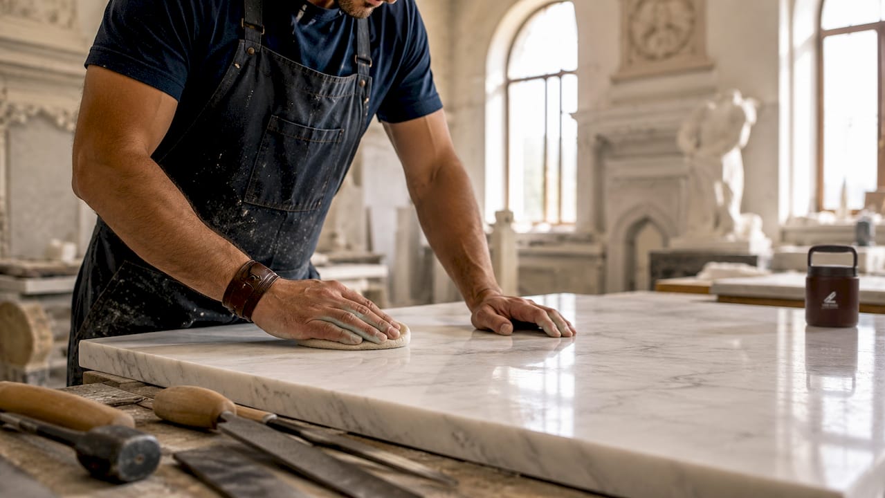 Craftsman polishing marble slab in studio