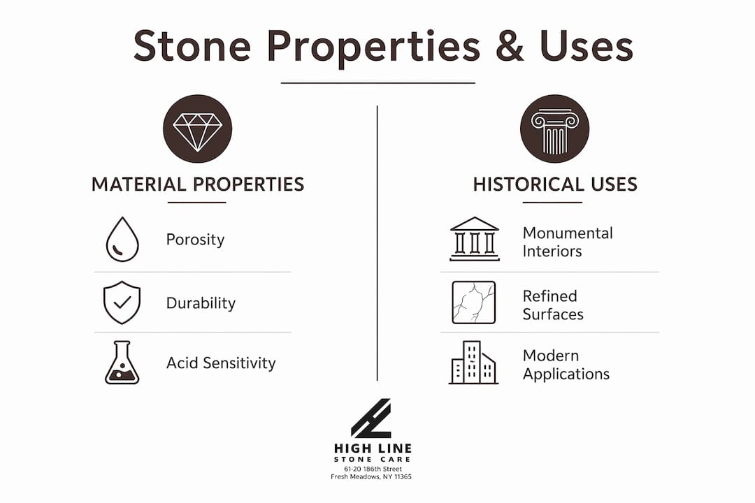 Infographic comparing stone properties and historical uses