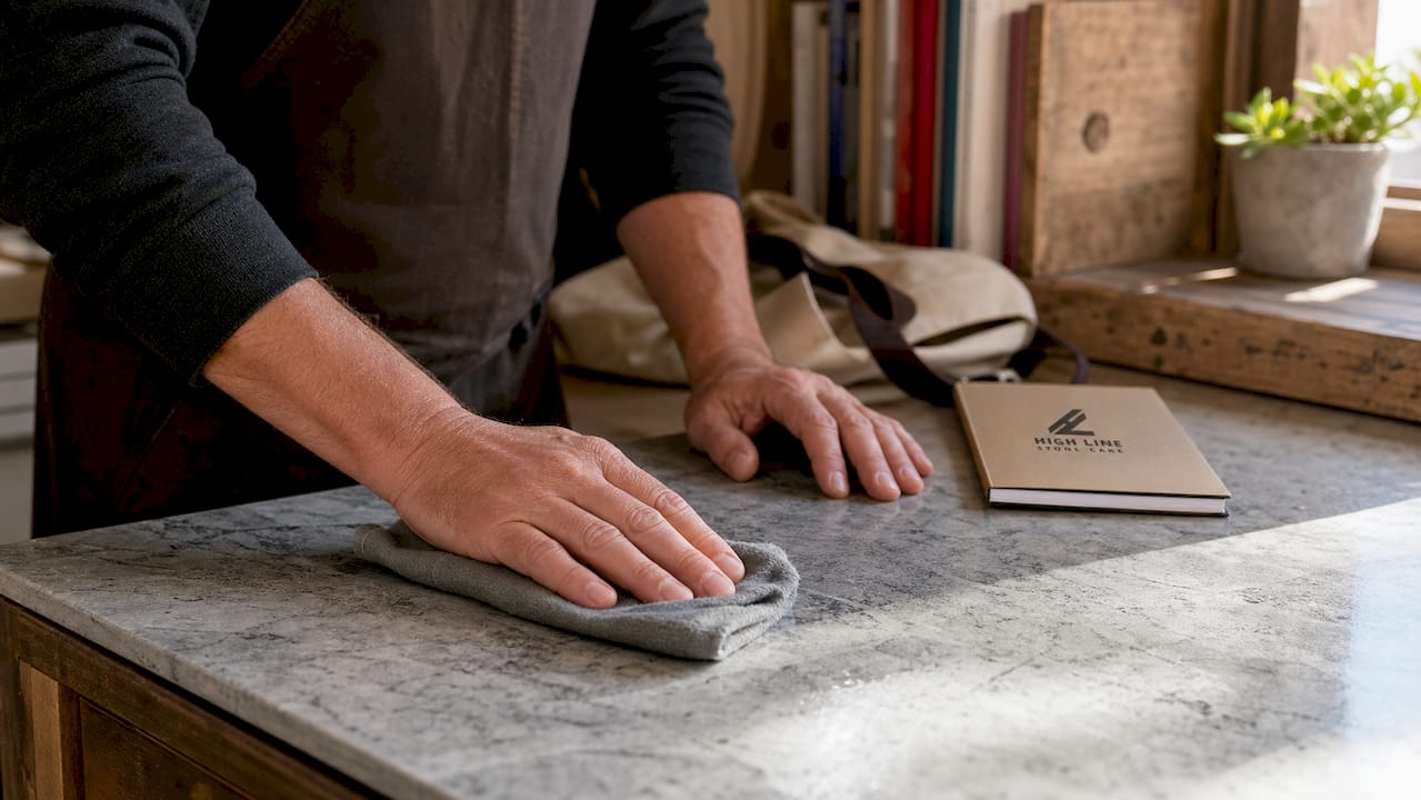 Hands applying mineral oil on soapstone surface