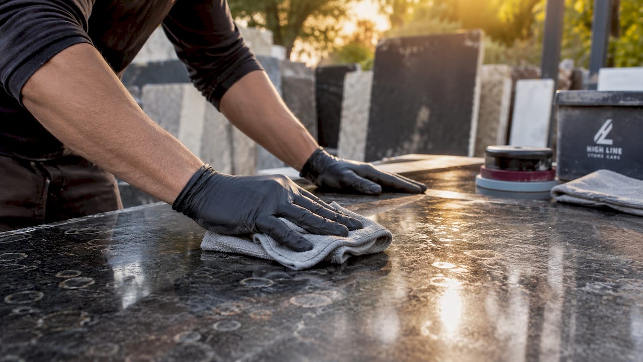Close-up of hands cleaning etched granite surface