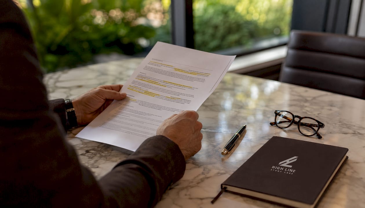Hands holding stone care contract document