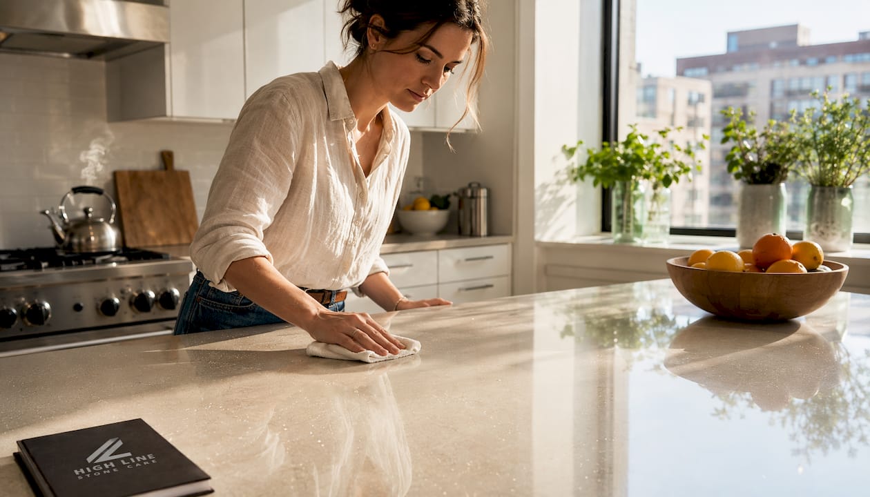 Woman cleaning quartz countertop in bright home kitchen