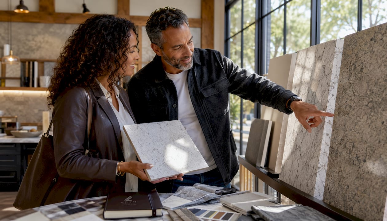 Couple comparing quartz countertop samples in showroom