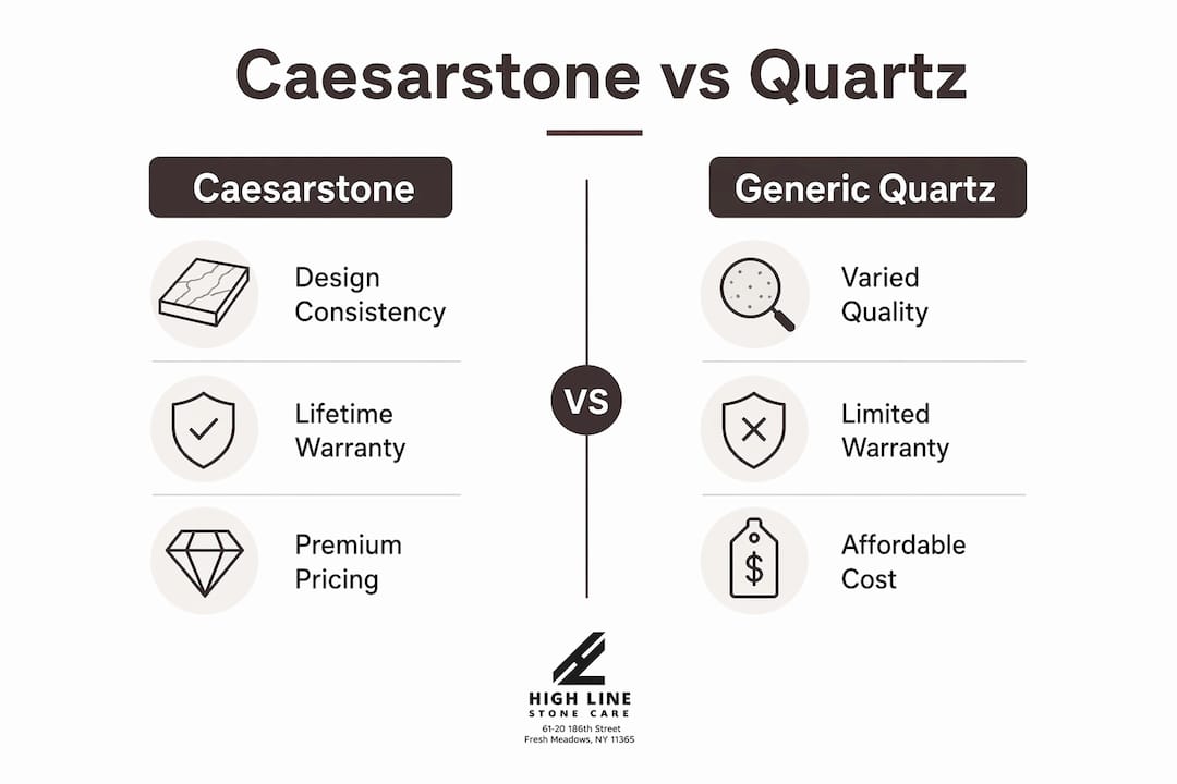 Infographic comparing Caesarstone and generic quartz key points