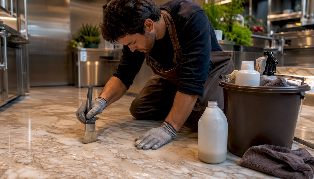 Hands applying sealer on marble floor