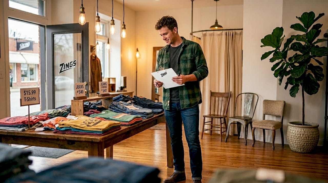 Retail worker checking casual clothing display