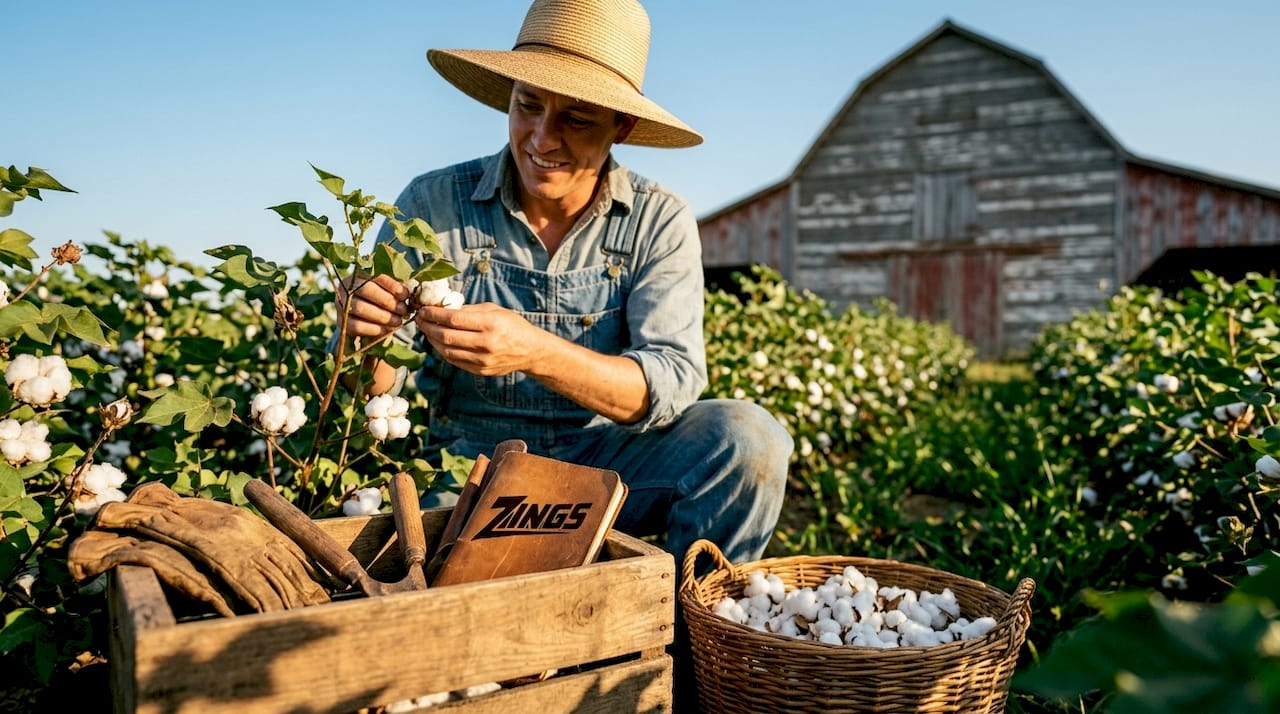 Farm worker inspecting cotton field sustainability