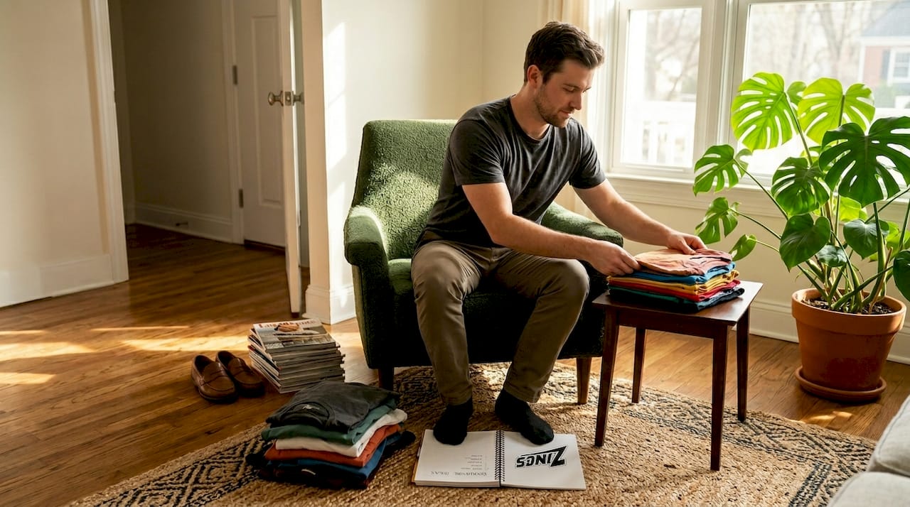 Man folding clothes and sorting wardrobe