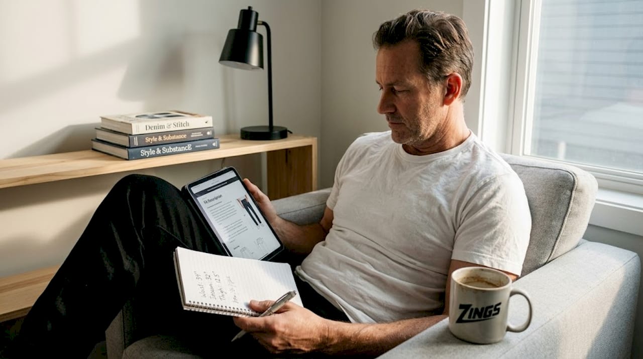 Man comparing fit options on phone