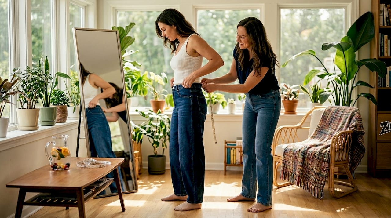Friends trying on trendy jeans at home