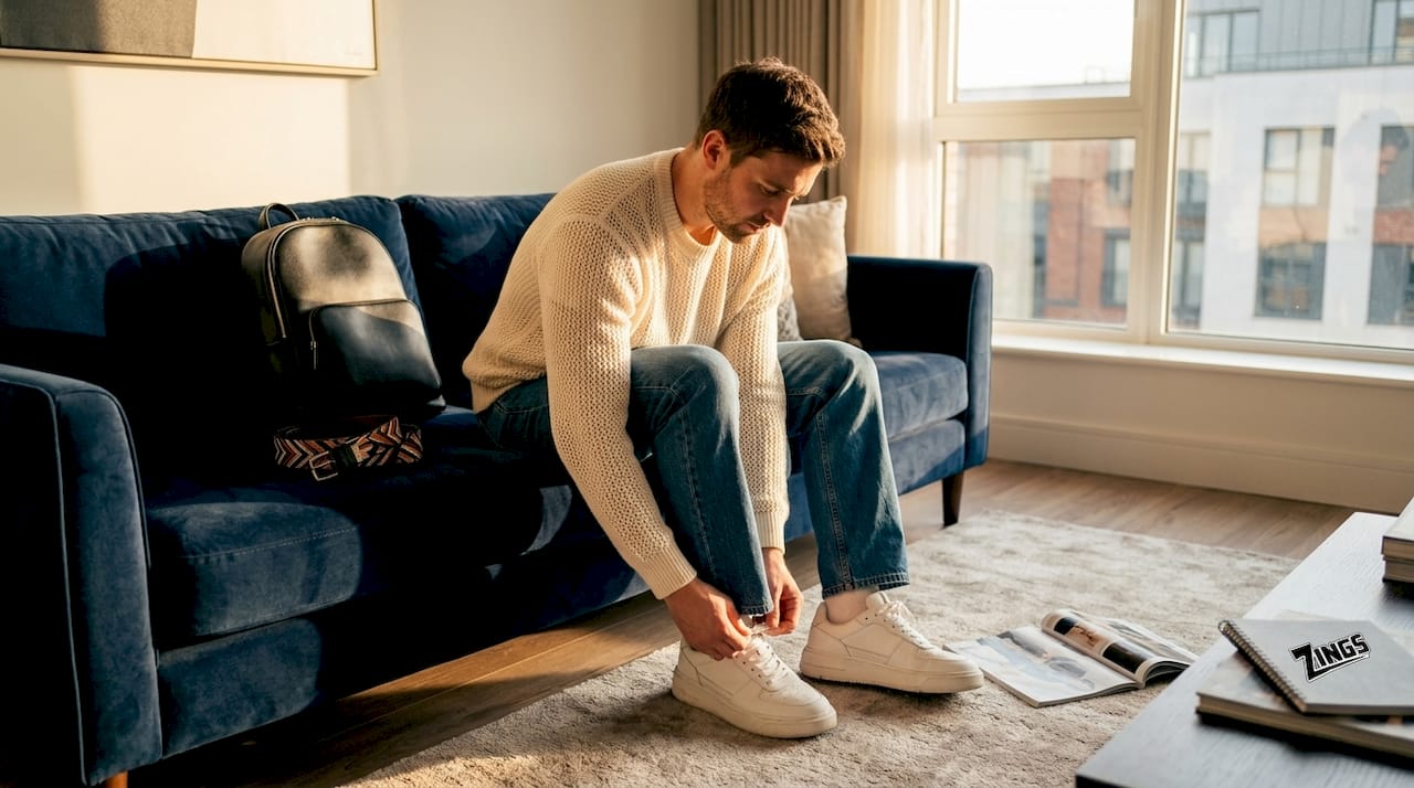 Man accessorizing casual denim outfit at home