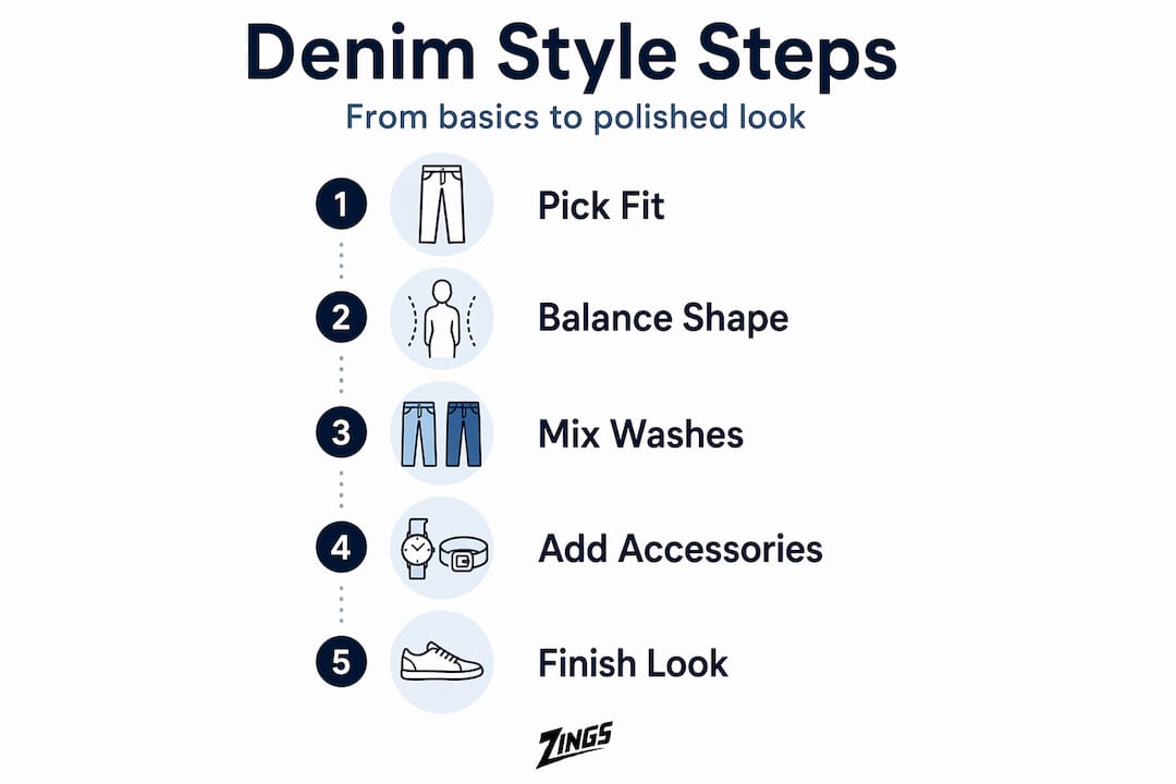 Infographic showing step-by-step denim outfit process