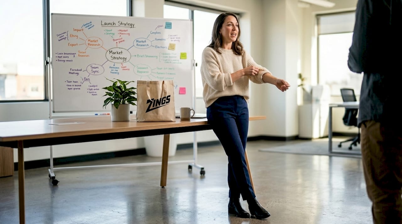 Woman in smart casual at open office table