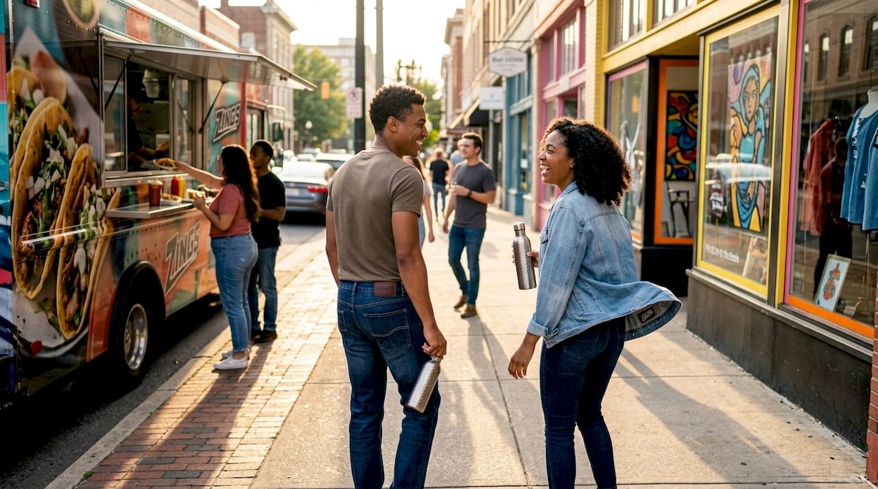 Two people wearing jeans walking in city
