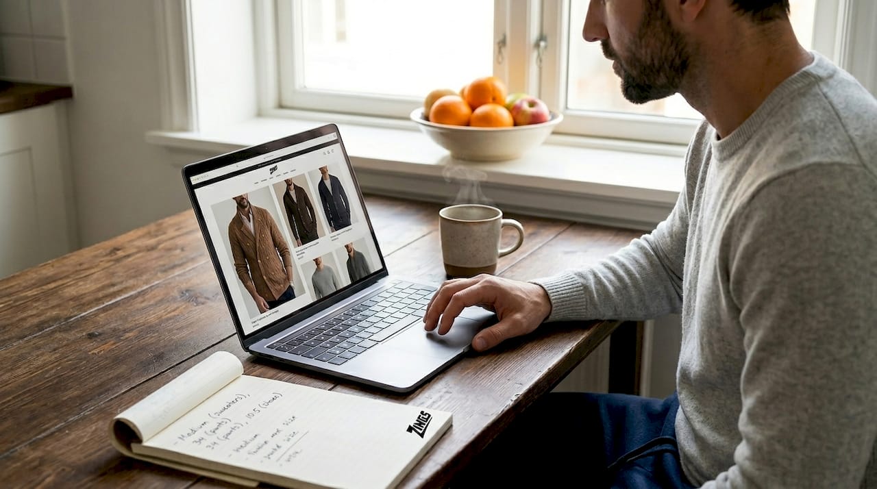 Man browsing trendy clothes online at home