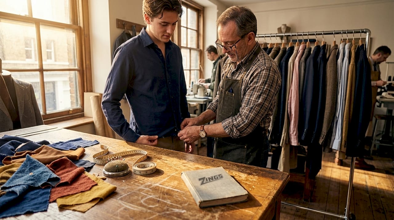 Tailor alters young man's shirt hem