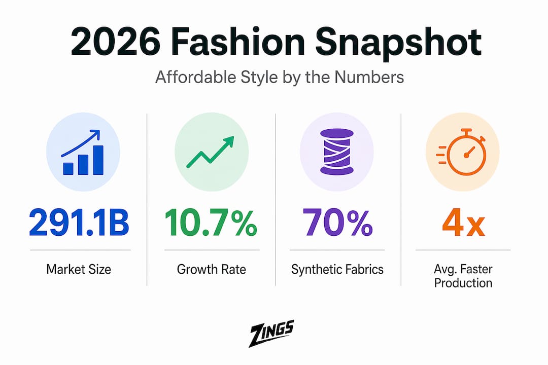 Infographic with affordable fashion key statistics for 2026