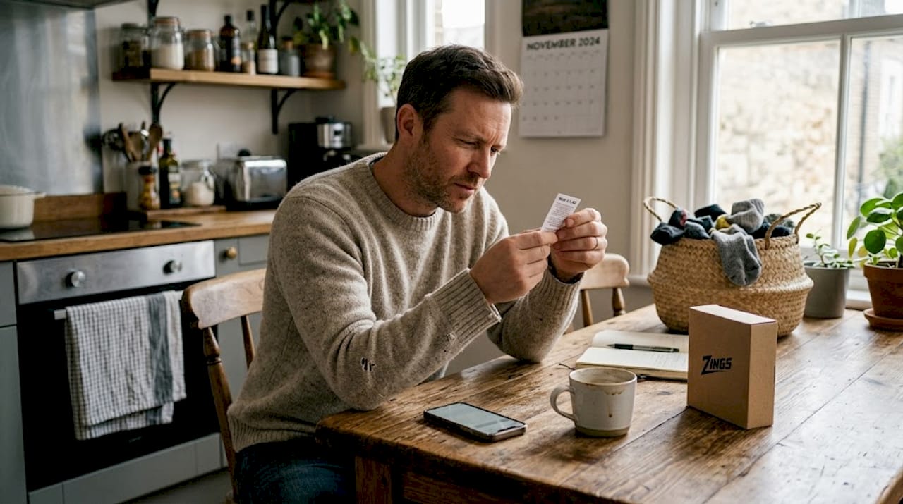 Man reading garment care label in kitchen