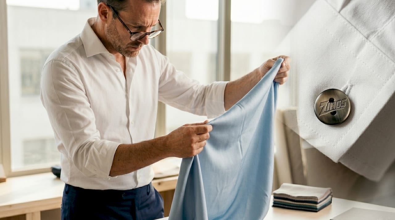 Textile expert examining fabric drape at table