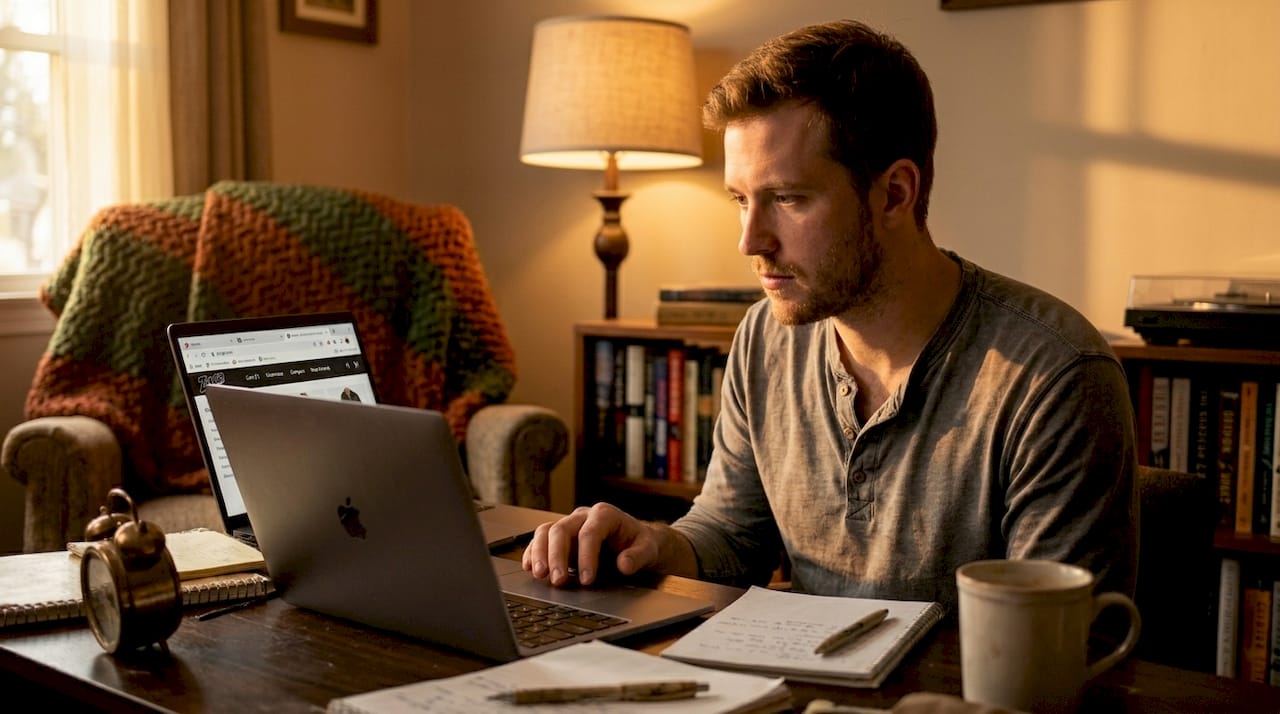 Man compares online clothing prices at kitchen table