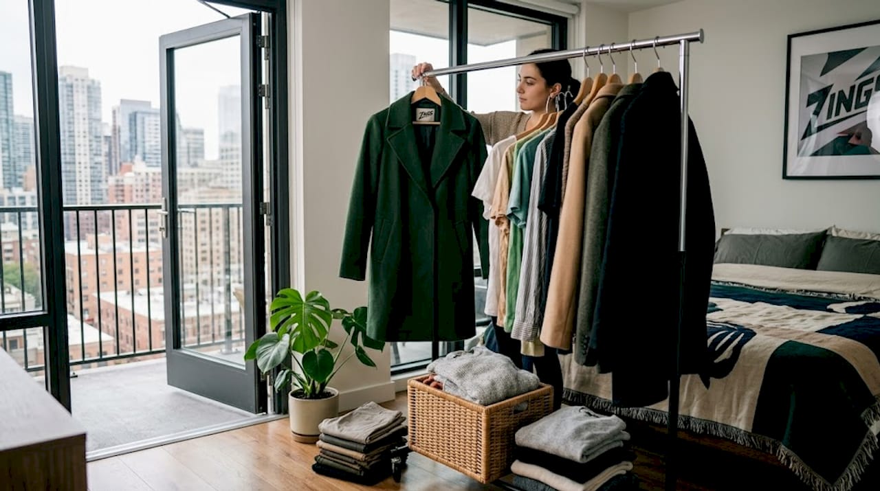 Woman organizing seasonless wardrobe at home