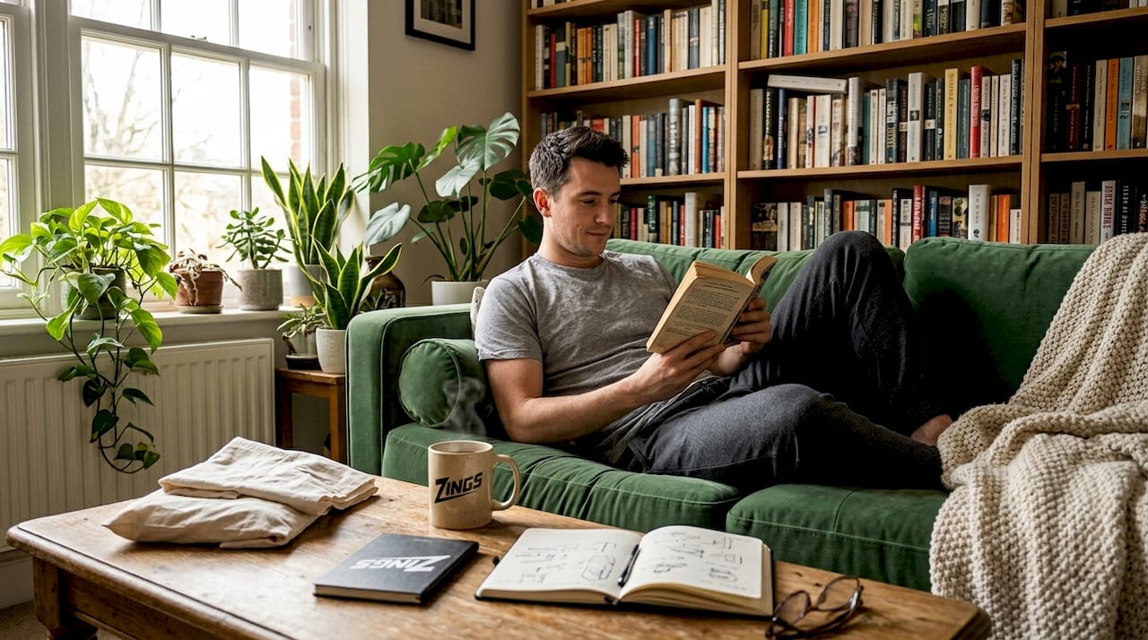 Man relaxing in organic cotton clothing living room