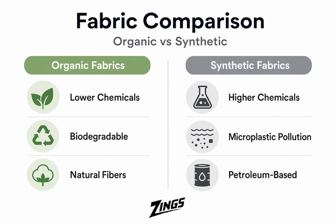 Split infographic comparing organic and synthetic fabrics