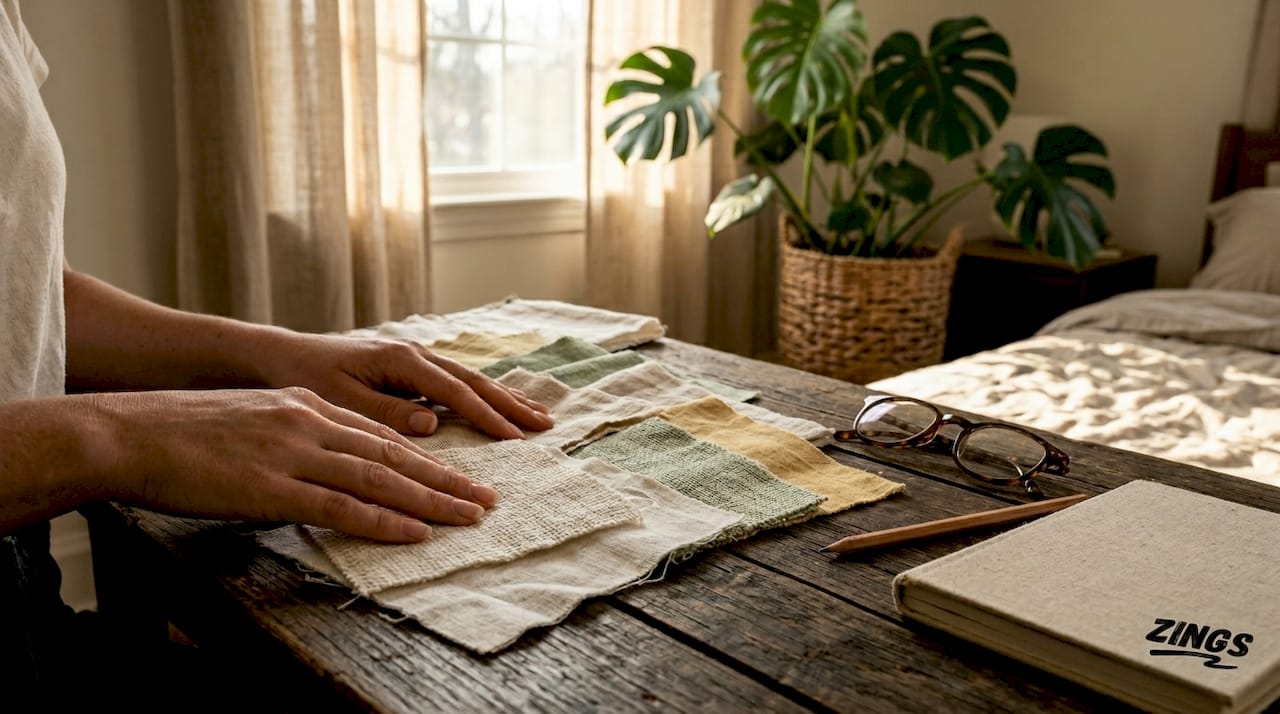 Hands touching cotton fabric swatches
