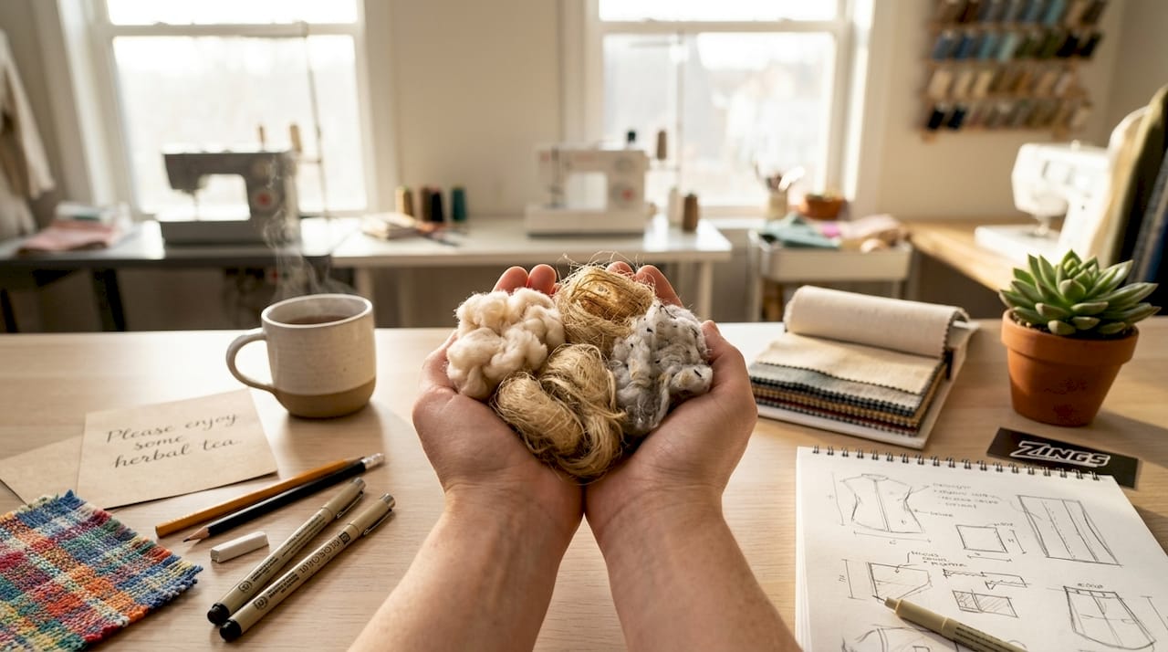 Hands holding natural textile fibers with supply chain map