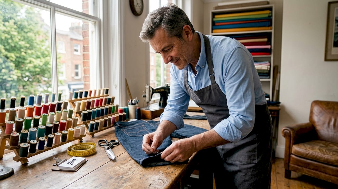 Tailor adjusting jeans hem in workshop