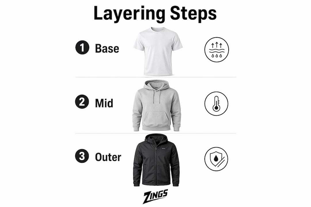 Infographic showing casualwear layering steps and fabric functions