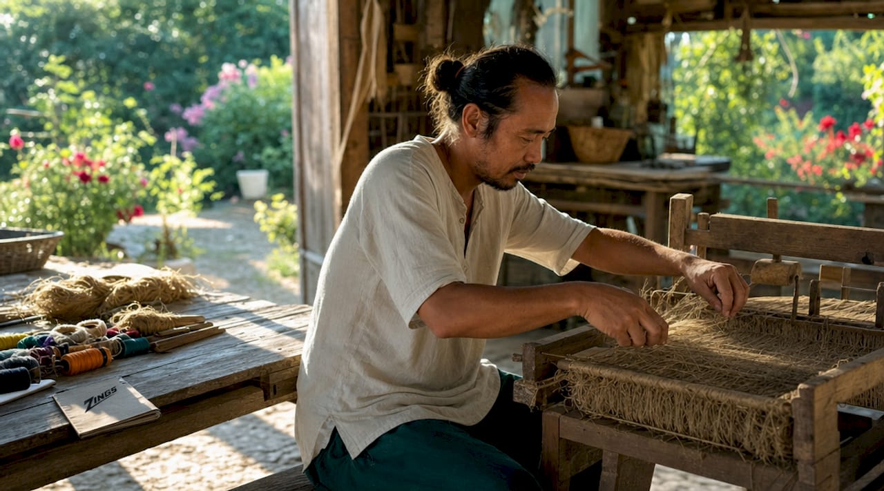 Artisan weaving hemp fibers by hand
