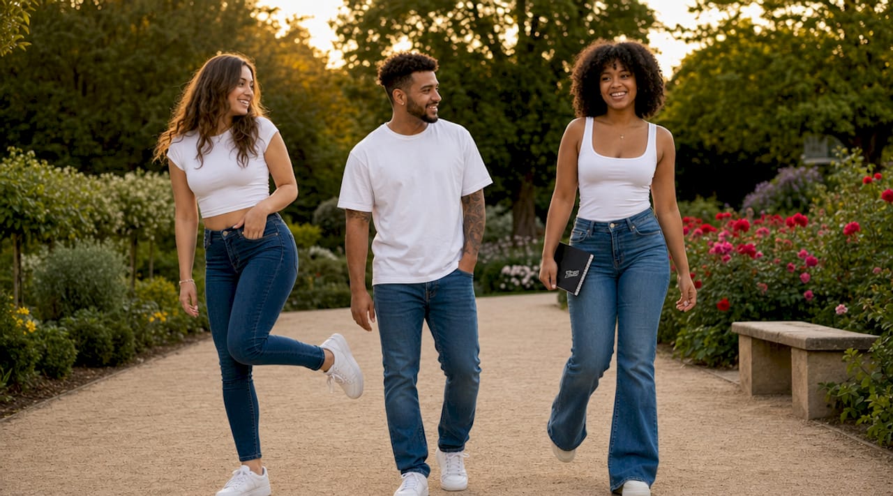 Models displaying different jeans leg shapes