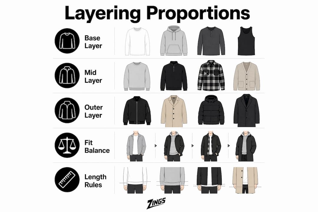 Infographic illustrating layering proportions and garment lengths