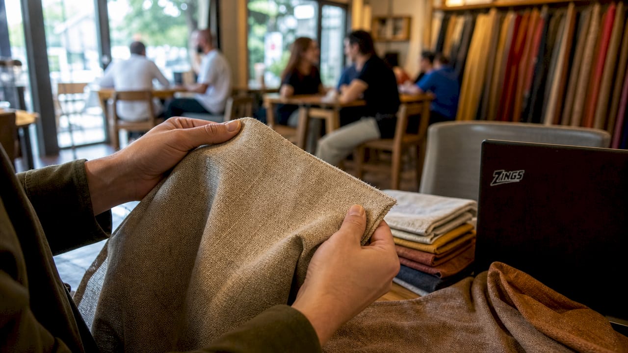 Hands inspecting fabric weave texture closely