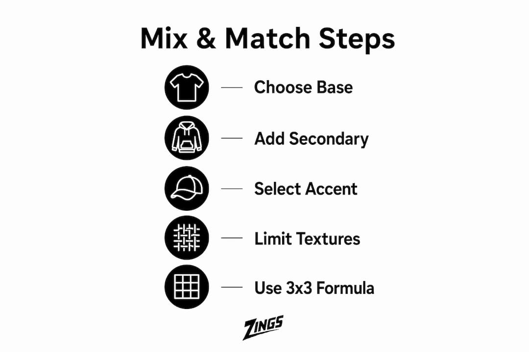 Infographic illustrating steps for mixing and matching clothes