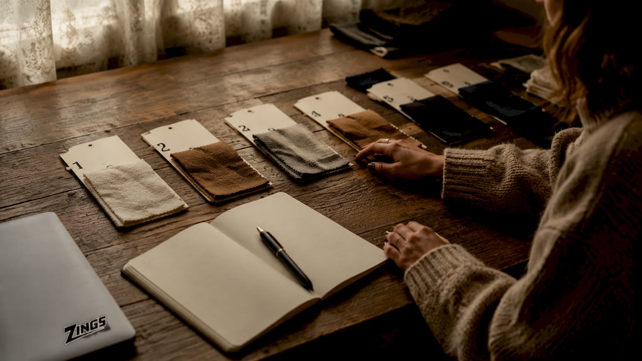 Overhead of hands with numbered fashion workflow cards