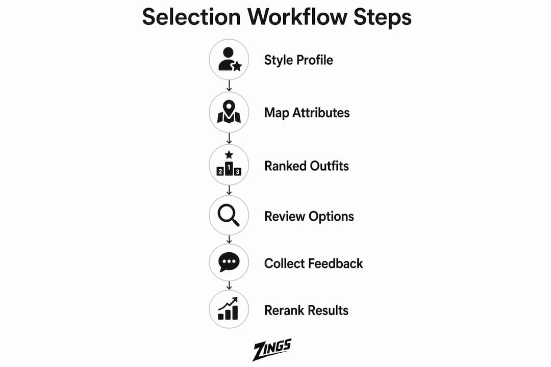 Infographic illustrating six steps of clothing selection workflow