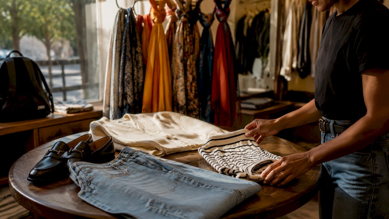 Hands arranging versatile wardrobe pieces on table