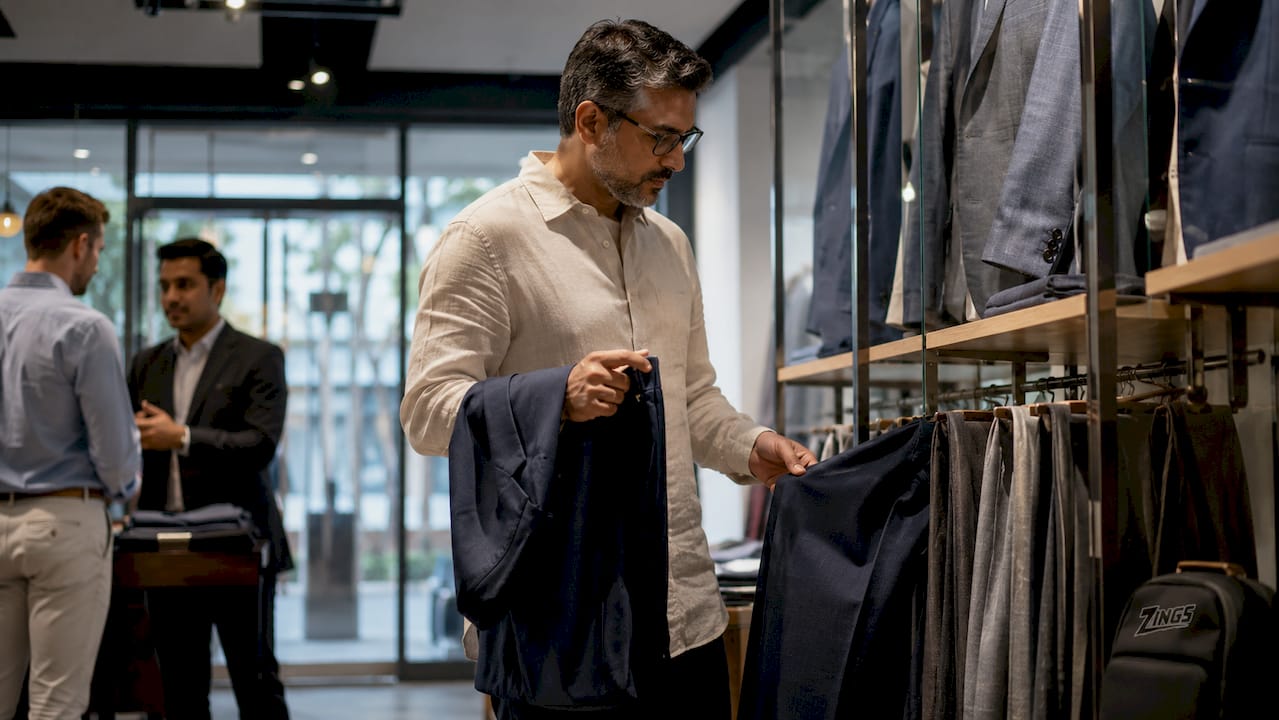 Man shopping matching blazer and trousers in store