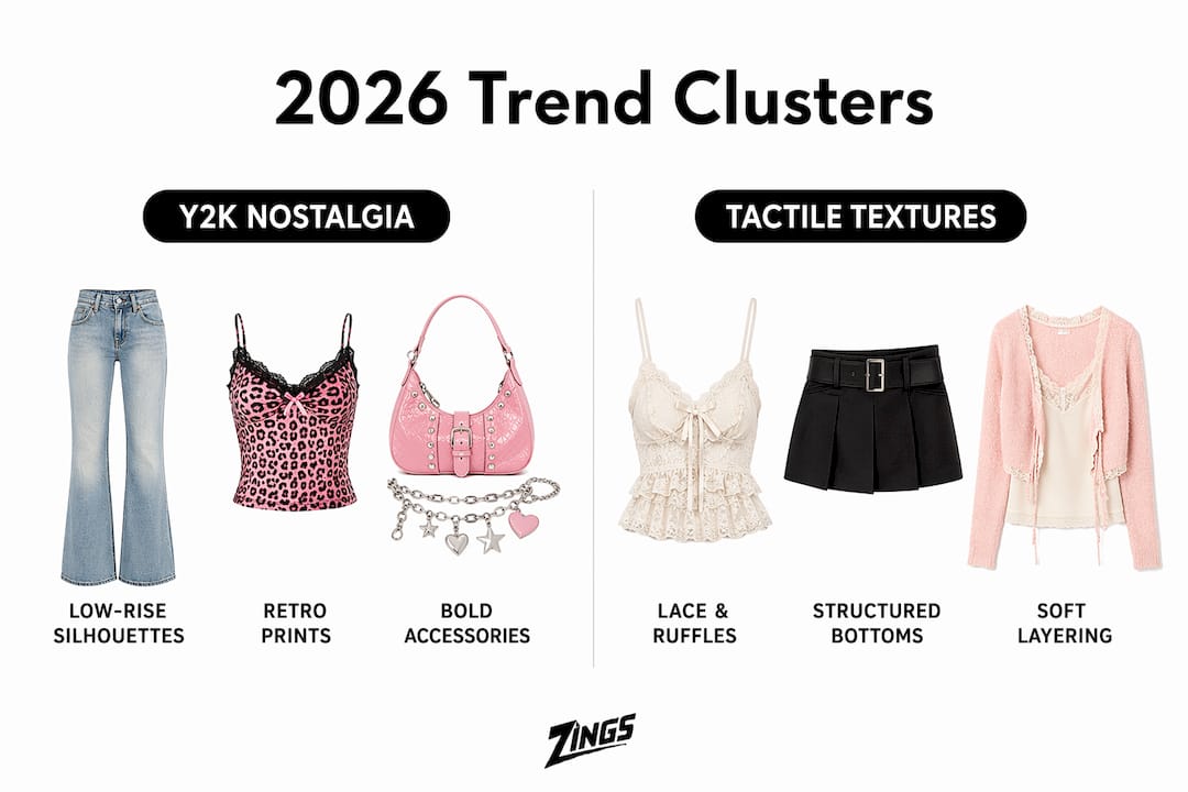 Infographic showing 2026 fashion-forward trend clusters