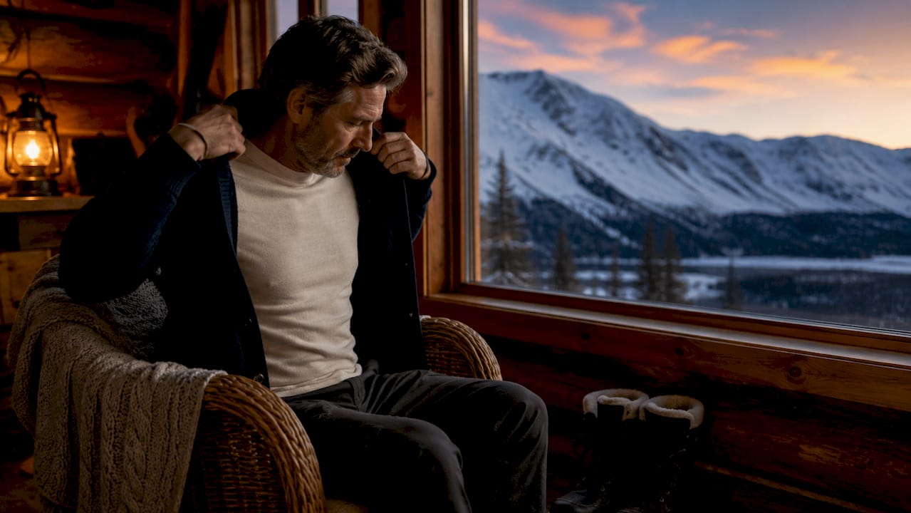 Man layering winter clothes indoors