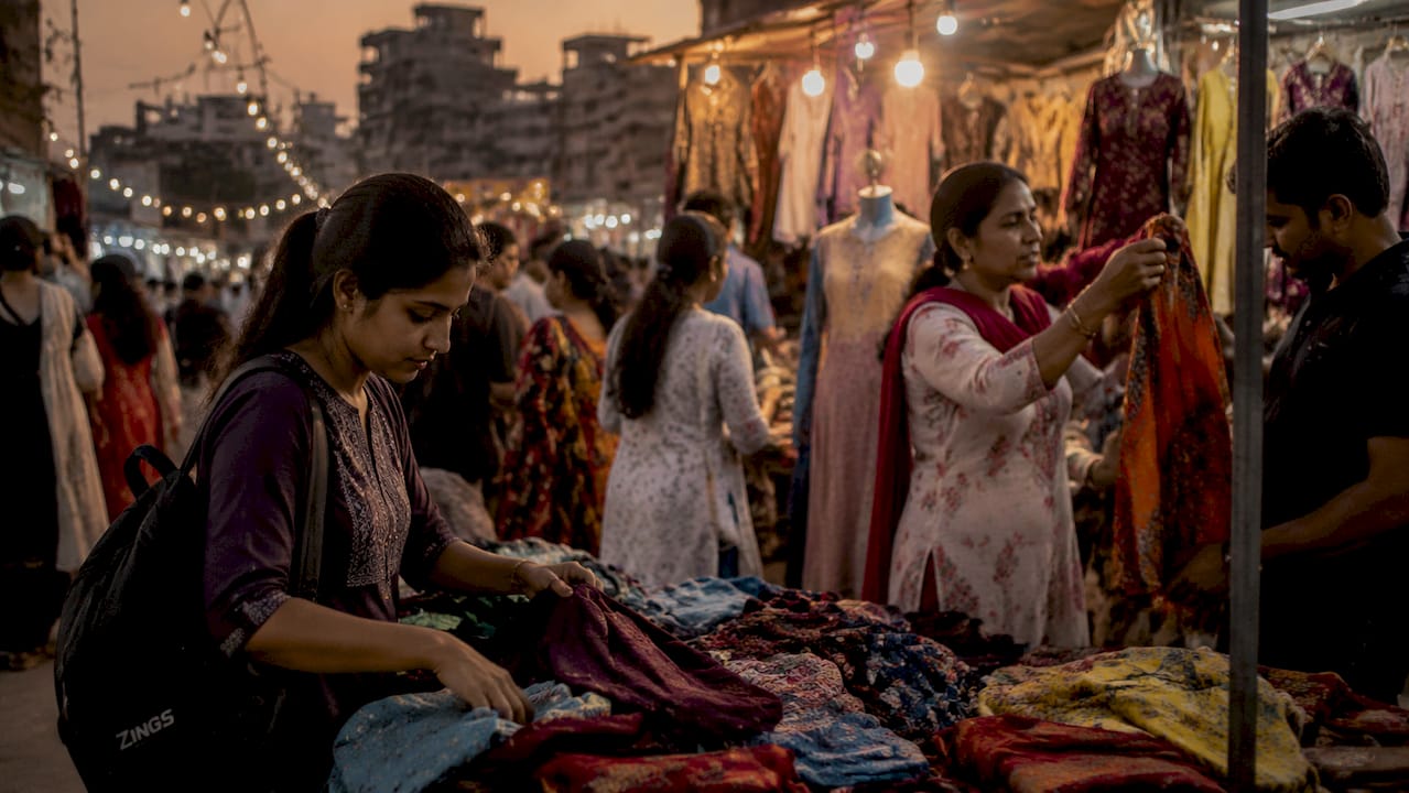 Busy affordable fashion market in Indian city