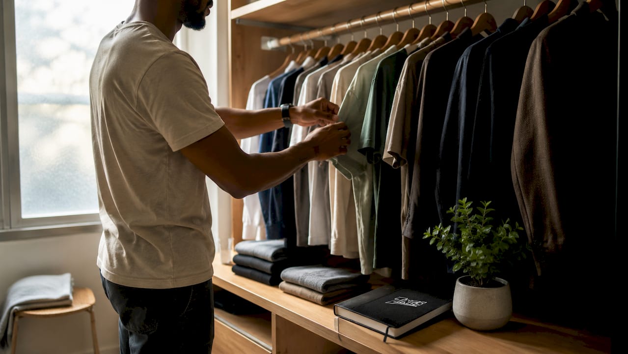 Hands organizing clothes in home wardrobe