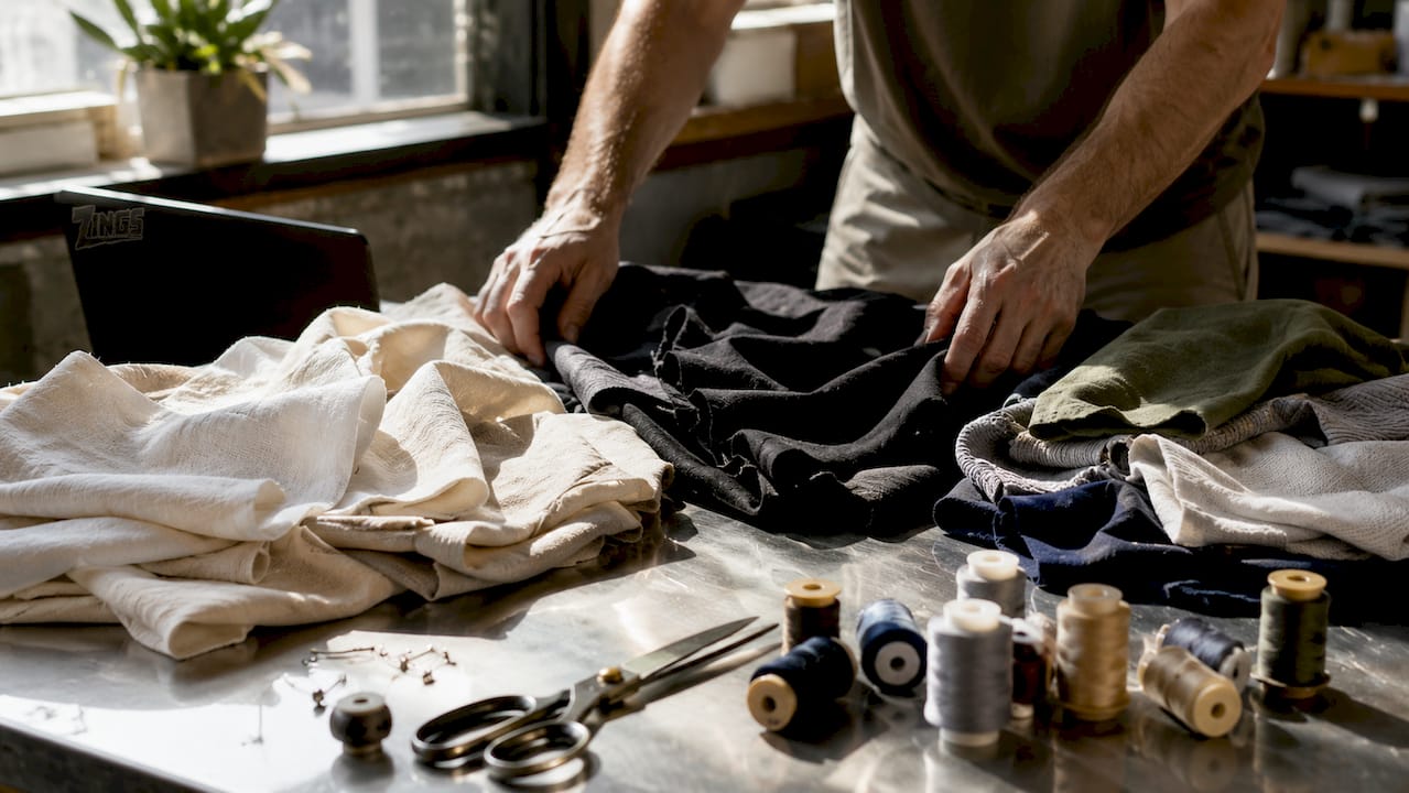 Hands sorting fabric categories on workshop table