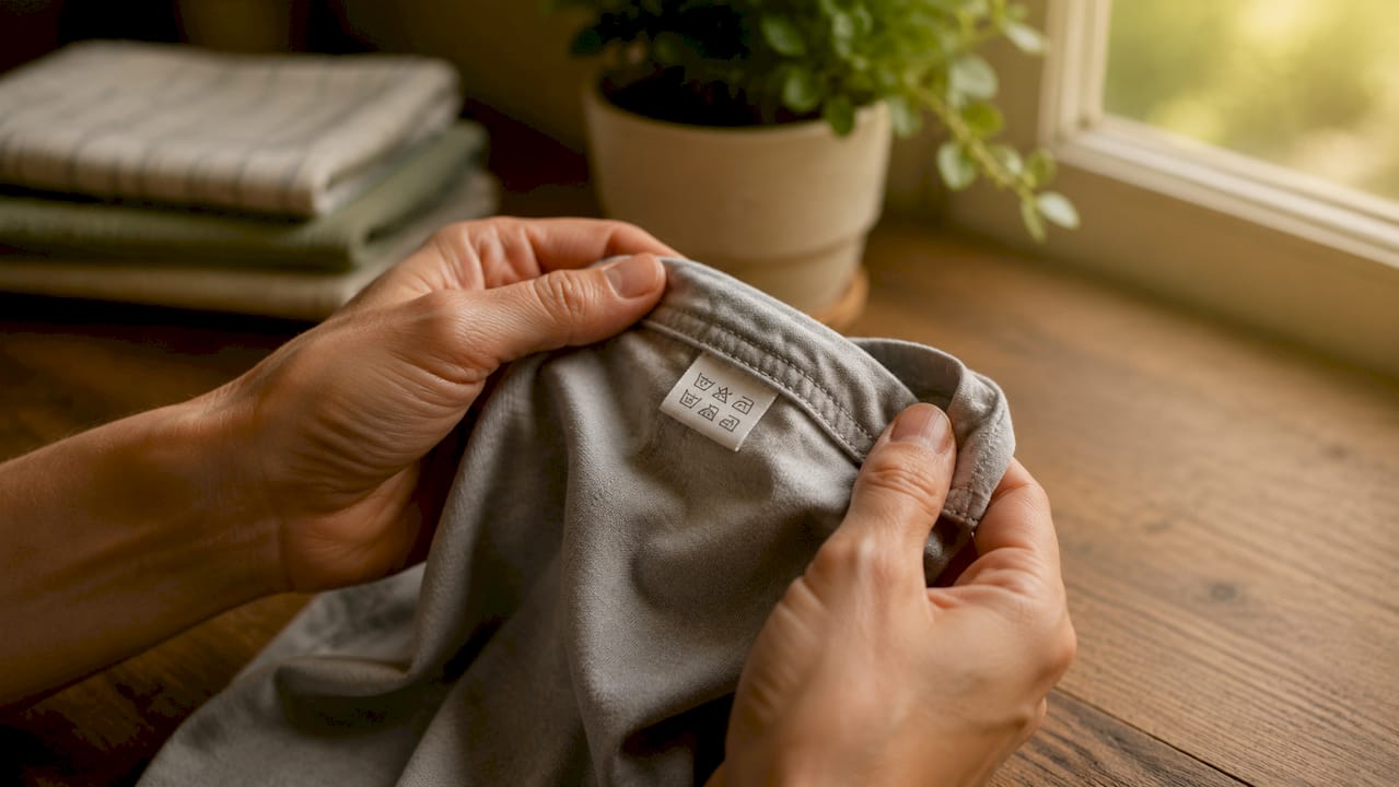 Hands reading clothing care label on shirt