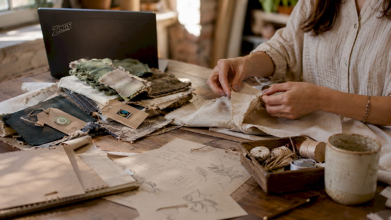 Hands examining sustainable fabric samples and certifications